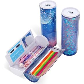 Multifunctional Pencil Case Box with Lock, Calculator, Quicksand, Mirror, Standing Cylinder Shape, Cute Pen Holder, Kawaii Desk Organizer for Girls, Boys, Kids, School Supplies(Constellation)