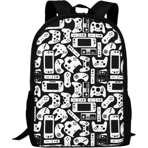 Free Lion Kids Video Game Backpack for Boys Girls Black and White Video Game Gamer Bookbags Elementary Middle High School Bag Large Capacity 17 inch Big Student Backpack for School and Travel