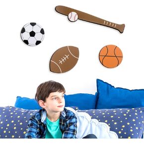 4 Pcs Wooden Sports Decor for Boys Bedroom Hanging Basketball Football Baseball Soccer Vintage Sports Wall Art for Boys Room Kids Nursery Playroom