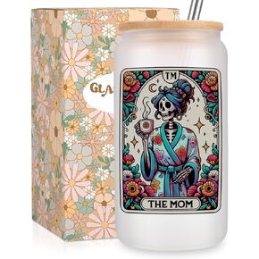 Fairy's Gift Skeleton Mom Iced Coffee Cups, Cute 16 oz Frosted Glass Cup with Lid and Straw, the Mom Tarot Card Halloween Skull Aesthetic Cups, Witchy Mama Gifts, Birthday Gifts for Mom Women