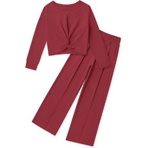 Girls Fall Outfits Fashion Solid Long Sleeve Twist Crop Tops and Wide Leg Pants Girls Clothing Set