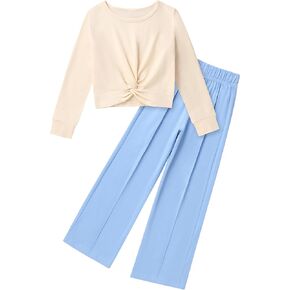 Girls Fall Outfits Fashion Solid Long Sleeve Twist Crop Tops and Wide Leg Pants Girls Clothing Set