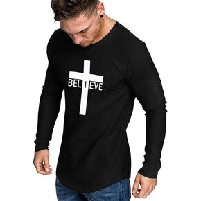 Men's Long Sleeve Crewneck Graphic Tee Believe Cross Print Christian Shirts Workout Shirts
