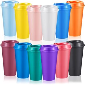 12 Pcs Reusable Coffee Cups with Lids 16 oz Travel Hot Cups Microwavable Plastic Tumblers Cups Coffee Mugs for Hot and Cold Drinks (Bright Colors)
