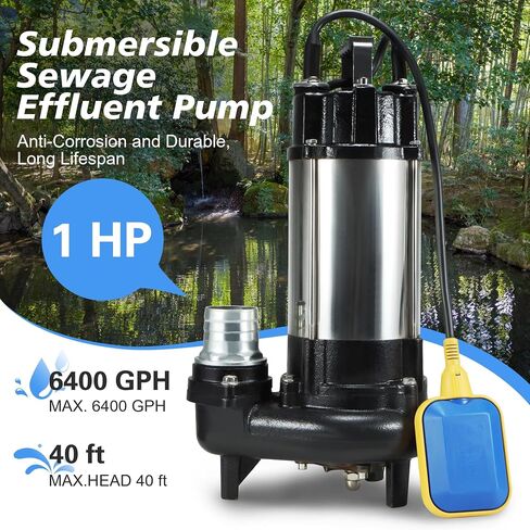 1HP Sewage Grinder Pump Submersible Effluent Pump, Sump Pump 110V 6400GPH with Automatic Float Switch, Cast Iron, 2'' NPT Discharge for Basement, Sump Basin, Residential Sewage in Saudi Arabia