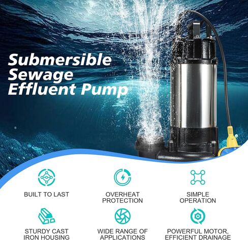 1HP Sewage Grinder Pump Submersible Effluent Pump, Sump Pump 110V 6400GPH with Automatic Float Switch, Cast Iron, 2'' NPT Discharge for Basement, Sump Basin, Residential Sewage in Saudi Arabia
