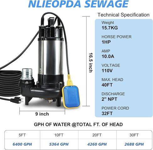 1HP Sewage Grinder Pump Submersible Effluent Pump, Sump Pump 110V 6400GPH with Automatic Float Switch, Cast Iron, 2'' NPT Discharge for Basement, Sump Basin, Residential Sewage in Saudi Arabia