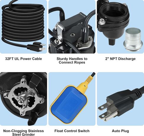 1HP Sewage Grinder Pump Submersible Effluent Pump, Sump Pump 110V 6400GPH with Automatic Float Switch, Cast Iron, 2'' NPT Discharge for Basement, Sump Basin, Residential Sewage in Saudi Arabia