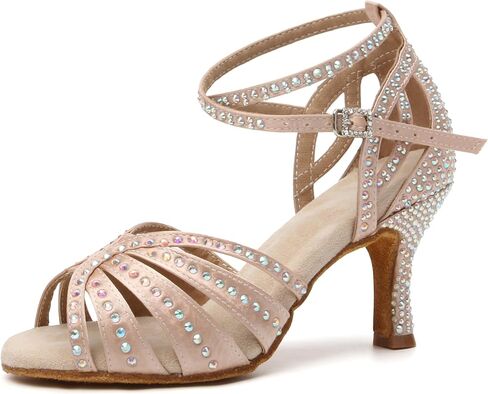 Women's Rhinestones Latin Dance Shoes Satin Ballroom Salsa Bachata Performance Dance Heels in Kuwait