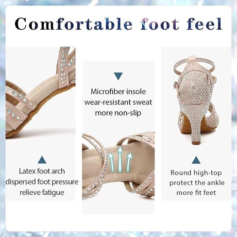 Women's Rhinestones Latin Dance Shoes Satin Ballroom Salsa Bachata Performance Dance Heels in Kuwait