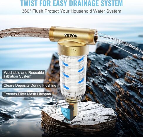 VEVOR Sediment Filter, 4Th Gen Backwash Technology, 360° Bi-side Scraper Flush, 20 GPM High Flow Spin Down Sediment Pre-Filtration, 40 Micron Reusable Whole House Sediment Water Filter, 3/4" MNPT in Saudi Arabia