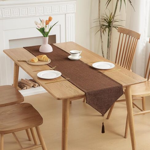 Burlap Linen Style Table Runner with Tassels Rustic Farmhouse Dresser Scarf for Dining Table Banquet Party Home Decor (Brown, 14 x 71 inch) in Saudi Arabia
