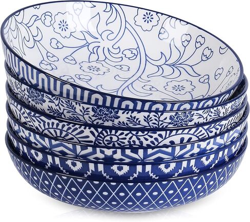 Selamica Porcelain 26 Ounce Pasta Bowls Set of 6, 8 inch Wide and Shallow Salad Bowls, Serving Bowls, Microwave & Dishwasher Safe, Sturdy & Stackable, Vintage Blue in Kuwait