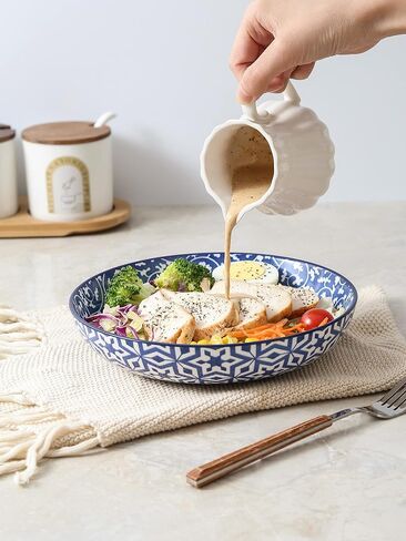 Selamica Porcelain 26 Ounce Pasta Bowls Set of 6, 8 inch Wide and Shallow Salad Bowls, Serving Bowls, Microwave & Dishwasher Safe, Sturdy & Stackable, Vintage Blue in Kuwait