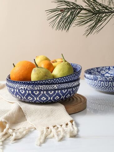 Selamica Porcelain 26 Ounce Pasta Bowls Set of 6, 8 inch Wide and Shallow Salad Bowls, Serving Bowls, Microwave & Dishwasher Safe, Sturdy & Stackable, Vintage Blue in Kuwait