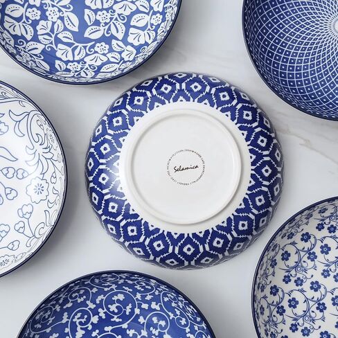 Selamica Porcelain 26 Ounce Pasta Bowls Set of 6, 8 inch Wide and Shallow Salad Bowls, Serving Bowls, Microwave & Dishwasher Safe, Sturdy & Stackable, Vintage Blue in Kuwait