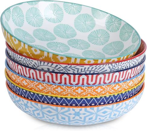 Selamica Porcelain 26 Ounce Pasta Bowls Set of 6, 8 inch Wide and Shallow Salad Bowls, Serving Bowls, Microwave & Dishwasher Safe, Sturdy & Stackable, Vintage Blue in Kuwait