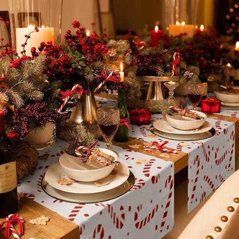 Christmas Table Runners Candy Cane Table Runner Dresser Scarves Non-Slip Table Cloth Decorations for Xmas Holiday Dinner Parties White Red Christmas Runner 13x72 inches in Saudi Arabia