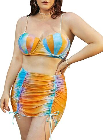OYOANGLE Women's Plus Size 3 Piece Pearl Decor Spaghetti Straps Tie Dye Swimwear with Drawstring Cover Up Skirt in Saudi Arabia