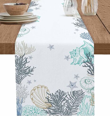 Marine Table Runner,Watercolor Ocean Seaweed Coral Sea Shells Starfish Table Runners White Dresser Scarves for Home Dining Room Kitchen Holiday Party Tables Decor - 13x90in in Saudi Arabia