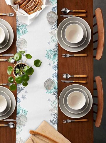Marine Table Runner,Watercolor Ocean Seaweed Coral Sea Shells Starfish Table Runners White Dresser Scarves for Home Dining Room Kitchen Holiday Party Tables Decor - 13x90in in Saudi Arabia
