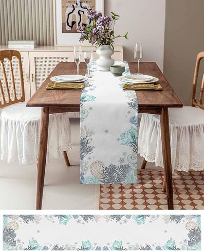 Marine Table Runner,Watercolor Ocean Seaweed Coral Sea Shells Starfish Table Runners White Dresser Scarves for Home Dining Room Kitchen Holiday Party Tables Decor - 13x90in in Saudi Arabia