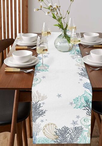 Marine Table Runner,Watercolor Ocean Seaweed Coral Sea Shells Starfish Table Runners White Dresser Scarves for Home Dining Room Kitchen Holiday Party Tables Decor - 13x90in in Saudi Arabia