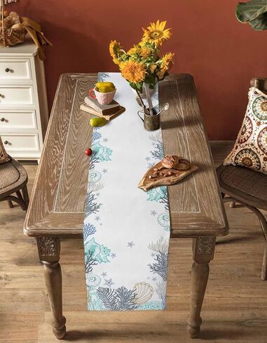 Marine Table Runner,Watercolor Ocean Seaweed Coral Sea Shells Starfish Table Runners White Dresser Scarves for Home Dining Room Kitchen Holiday Party Tables Decor - 13x90in in Saudi Arabia