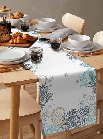 Marine Table Runner,Watercolor Ocean Seaweed Coral Sea Shells Starfish Table Runners White Dresser Scarves for Home Dining Room Kitchen Holiday Party Tables Decor - 13x90in in Saudi Arabia
