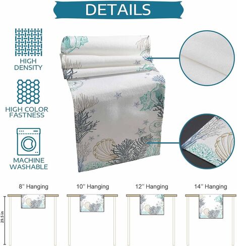 Marine Table Runner,Watercolor Ocean Seaweed Coral Sea Shells Starfish Table Runners White Dresser Scarves for Home Dining Room Kitchen Holiday Party Tables Decor - 13x90in in Saudi Arabia