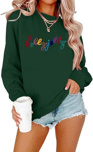 ASTANFY Christmas Sequins Sweatshirts Women Jolly Glitter Patch Crewneck Sweater Xmas Long Sleeve Pullover Top in Kuwait