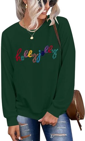 ASTANFY Christmas Sequins Sweatshirts Women Jolly Glitter Patch Crewneck Sweater Xmas Long Sleeve Pullover Top in Kuwait