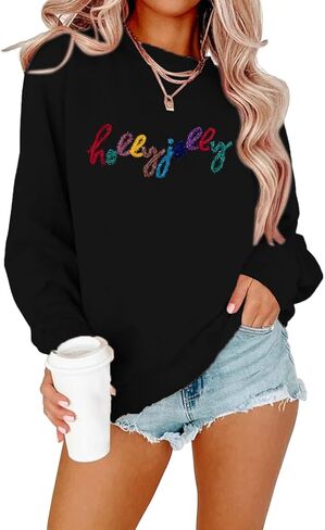ASTANFY Christmas Sequins Sweatshirts Women Jolly Glitter Patch Crewneck Sweater Xmas Long Sleeve Pullover Top in Kuwait