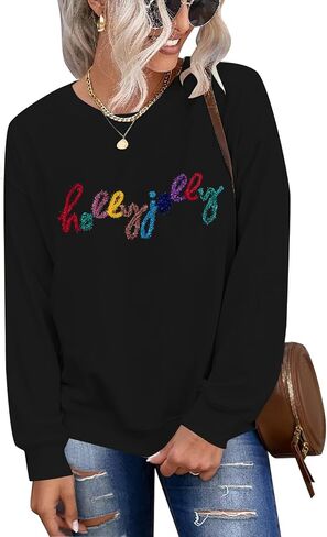 ASTANFY Christmas Sequins Sweatshirts Women Jolly Glitter Patch Crewneck Sweater Xmas Long Sleeve Pullover Top in Kuwait