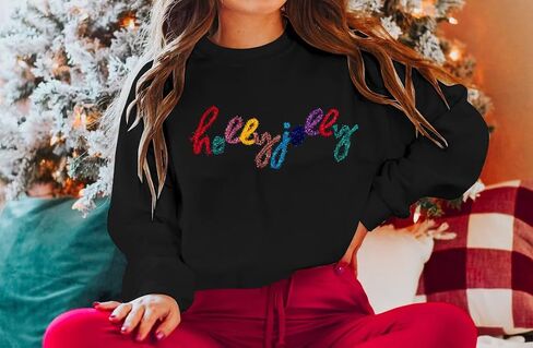 ASTANFY Christmas Sequins Sweatshirts Women Jolly Glitter Patch Crewneck Sweater Xmas Long Sleeve Pullover Top in Kuwait