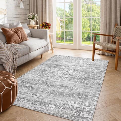 Lahome Washable Rug 6x9 - Floral Large Rugs for Living Room Non Slip Ultra-Thin Soft Bedroom Area Rug, Neutral Boho Print Indoor Farmhouse Stain Resistant Rug for Dining Room Office (Taupe, 6'x9') in Kuwait