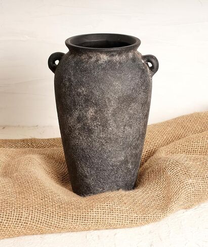 Terracotta Vase 10inch Tall, Farmhouse Distressed Ceramic Pottery, Unique Textured Stoneware Mantel Decoration, Black Boho Vintage Stone Vases for Flowers, Centerpieces, Living Room. in Saudi Arabia