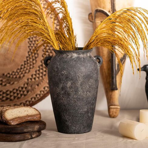 Terracotta Vase 10inch Tall, Farmhouse Distressed Ceramic Pottery, Unique Textured Stoneware Mantel Decoration, Black Boho Vintage Stone Vases for Flowers, Centerpieces, Living Room. in Saudi Arabia