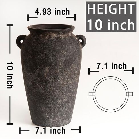 Terracotta Vase 10inch Tall, Farmhouse Distressed Ceramic Pottery, Unique Textured Stoneware Mantel Decoration, Black Boho Vintage Stone Vases for Flowers, Centerpieces, Living Room. in Saudi Arabia