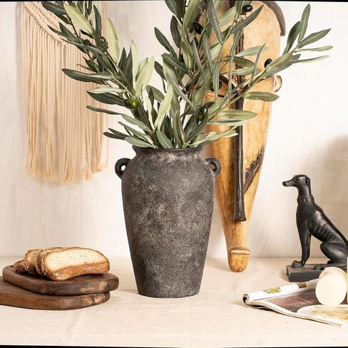 Terracotta Vase 10inch Tall, Farmhouse Distressed Ceramic Pottery, Unique Textured Stoneware Mantel Decoration, Black Boho Vintage Stone Vases for Flowers, Centerpieces, Living Room. in Saudi Arabia