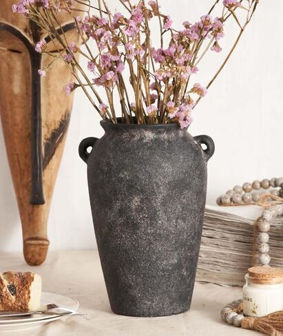 Terracotta Vase 10inch Tall, Farmhouse Distressed Ceramic Pottery, Unique Textured Stoneware Mantel Decoration, Black Boho Vintage Stone Vases for Flowers, Centerpieces, Living Room. in Saudi Arabia