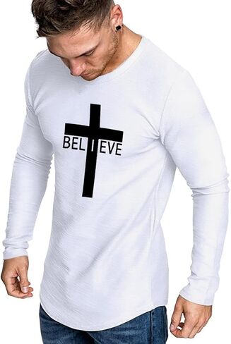 Men's Long Sleeve Crewneck Graphic Tee Believe Cross Print Christian Shirts Workout Shirts in Kuwait