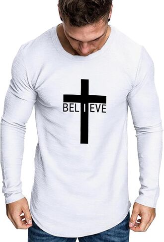 Men's Long Sleeve Crewneck Graphic Tee Believe Cross Print Christian Shirts Workout Shirts in Kuwait