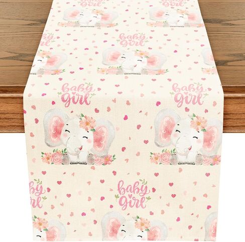 WRAPAHOLIC Baby Girl Pink Elephant Table Runner - 13 x 72 Inch - Farmhouse Indoor Kitchen Baby Shower Dining Table Decoration for Home Party in Saudi Arabia