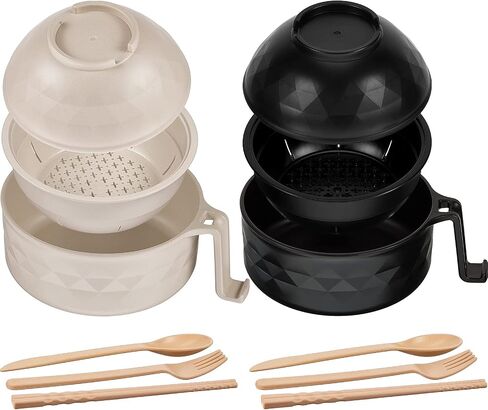 2 Sets Microwave Ramen Cooker Bowl Set 33 oz Quick Ramen Cooker with Handles Ramen Noodle Cooker with Spoon Chopsticks Fork College Dorm Room Apartment Essentials?Black, Beige? in Saudi Arabia