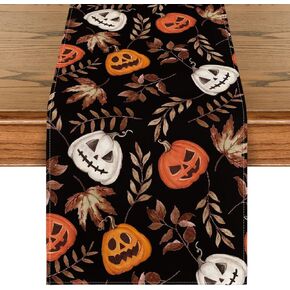 Artoid Mode Jack-O'-Lantern Pumpkin Leaves Black Halloween Table Runner, Holiday Kitchen Dining Table Decoration for Home Party Decor 13 x 72 Inch