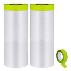 Pre-Taped Masking Film-55inx65ft Tape and Drape Painters Paper Rolls, Plastic Painting Film for Automotive Painting Covering（Masking Film:3rolls,Tape:2rolls