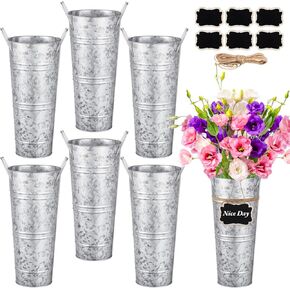 24 PCS Galvanized Metal Vases, 9 Inch Metal Vases for Flowers, Flower Bucket with Wooden Hang Tag & Hemp Rope, Galvanized Iron Vase with Handles, Retro Flower Bucket for Home, Weddings