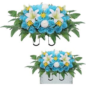Artificial Cemetery Flower Saddles,Headstone Saddles for Graves,Lily Rose Flowers Saddle for Cemetery Headstones Decoration Outdoor Memorial Decorations (Orange Lily, Saddle)