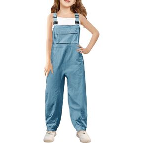 Haloumoning Girls Bib Overalls Summer Outfits Adjustable Strap Long Pants Casual Rompers Jumpsuits with Pockets 5-14 Years